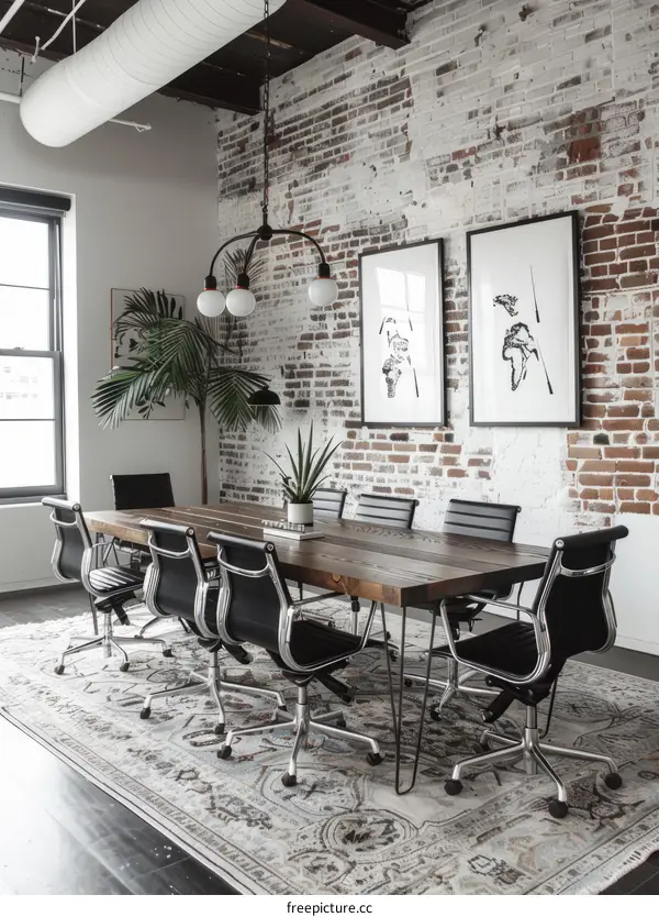 Modern office interior with brick walls and large wooden conference table