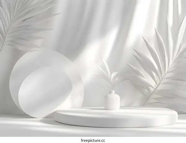 White Minimalist Product Display with Palm Leaves and Sunlight