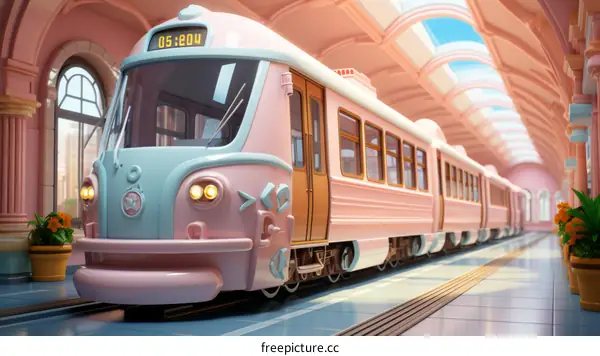 A pink and blue train is in a pink station
