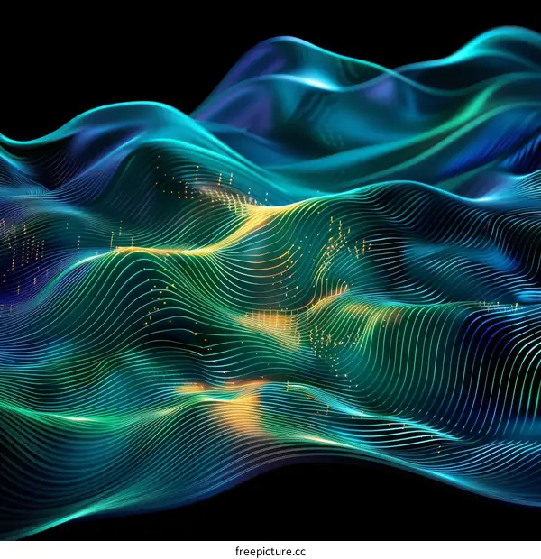 Wavy blue green yellow lines form over a black background