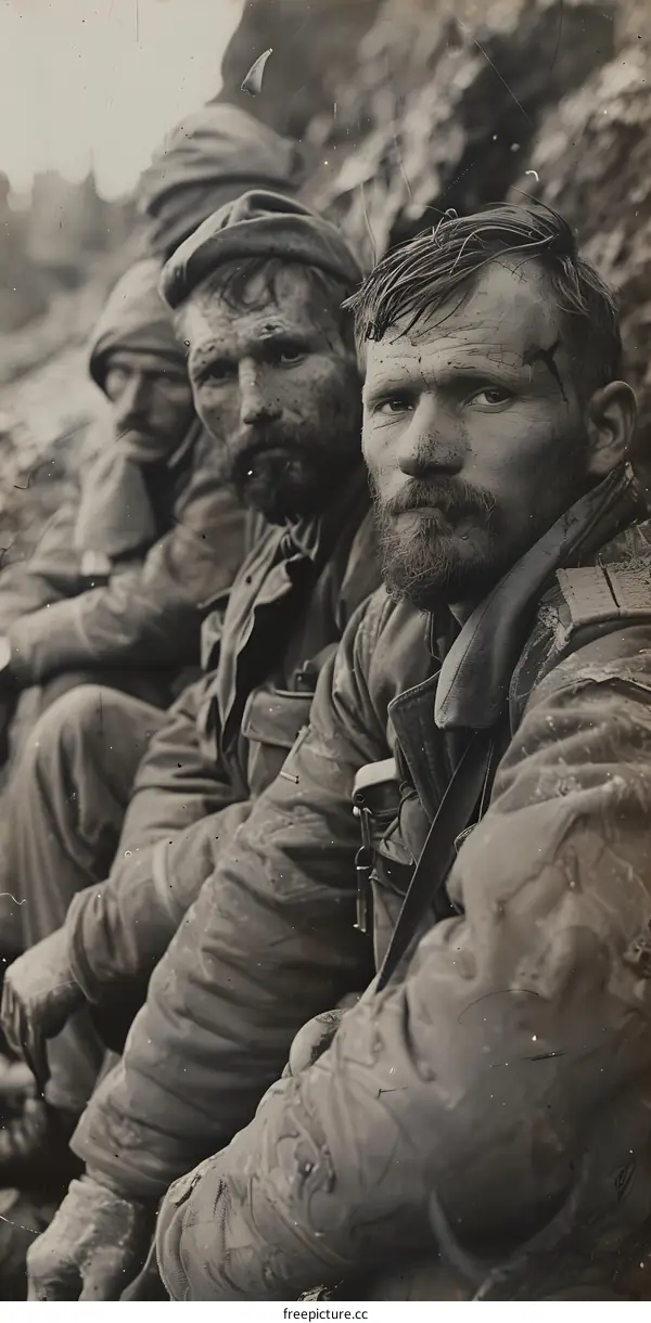 Three soldiers in a trench during World War I