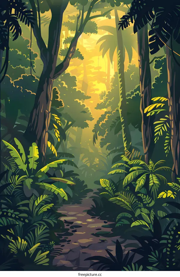 Jungle Path With Lush Greenery And Sunbeams