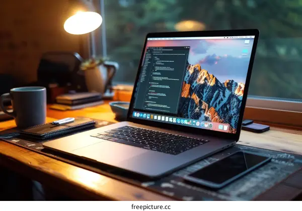 A programmer's desk with a laptop, a smartphone, and a cup of coffee