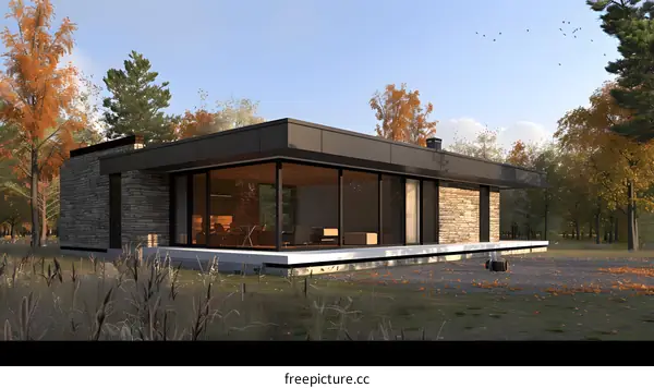 Modern House Design with Stone Facade and Large Windows