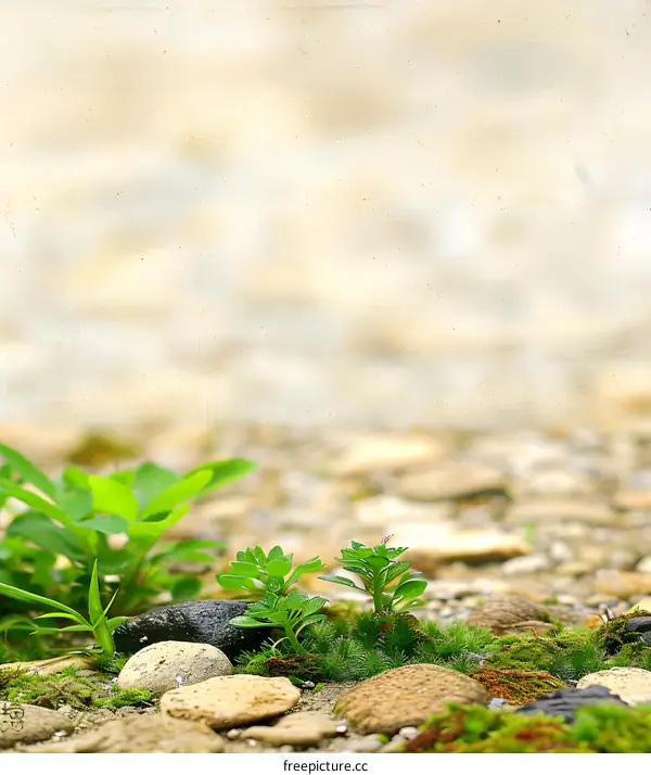 Green Plants Growing On A Pebble Pathway