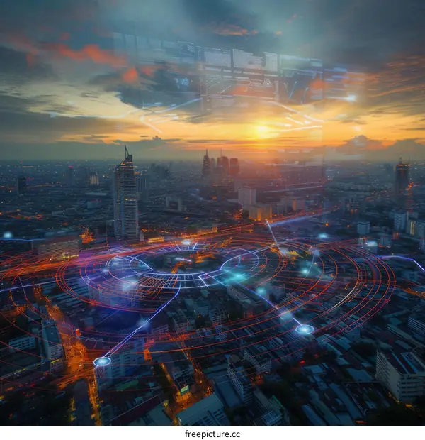 Aerial View of Cityscape with Network Connections