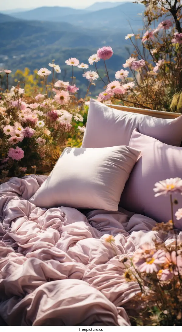 Pillows and bedding in a field of flowers