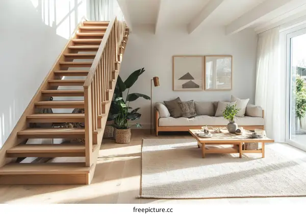 Modern Scandinavian Living Room with Wooden Staircase