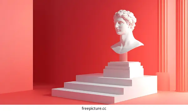 White Bust Sculpture on a Red and White Platform
