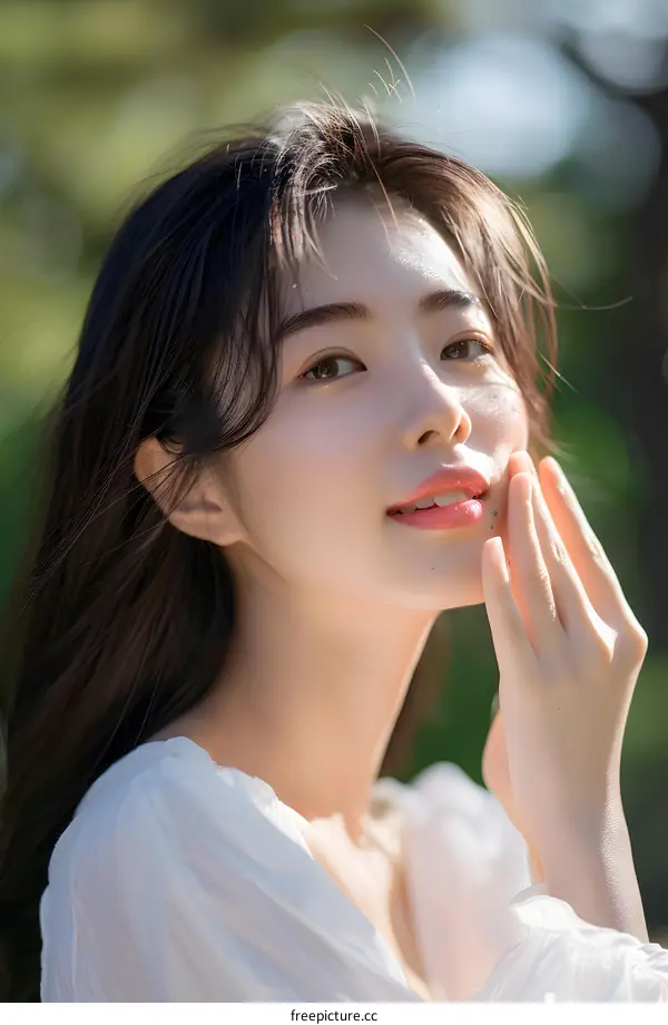 Beautiful Asian Woman with Long Hair Smiling in Park