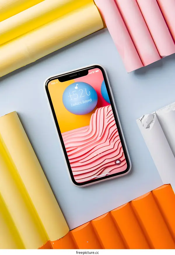White Smartphone with Abstract Wallpaper on Yellow and Pink Background