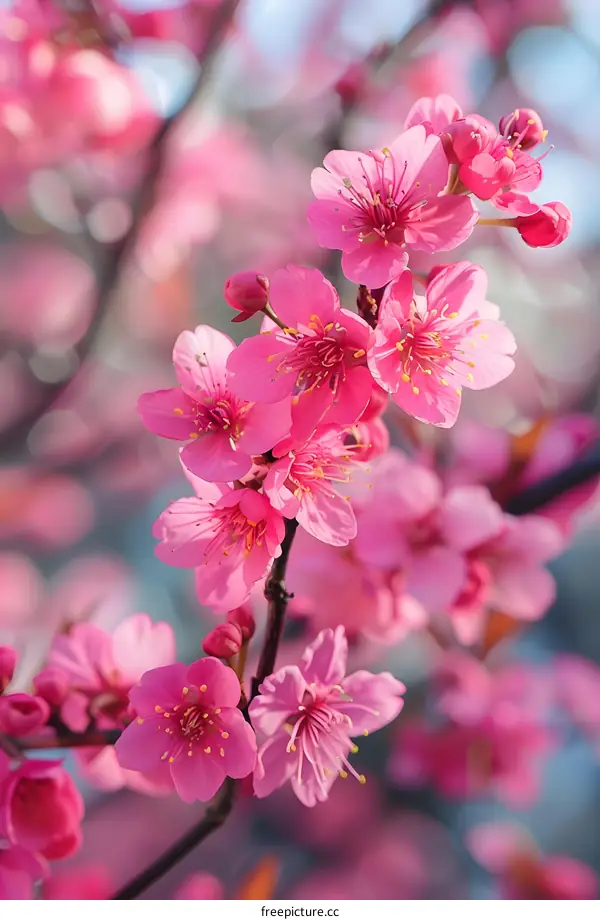 A beautiful close-up of pink cherry blossoms in full bloom against a blurred background
