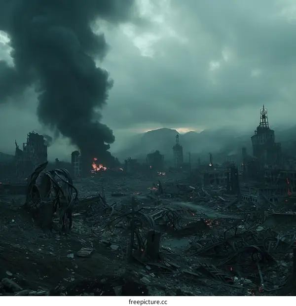 A post-apocalyptic city in ruins with smoke and fire