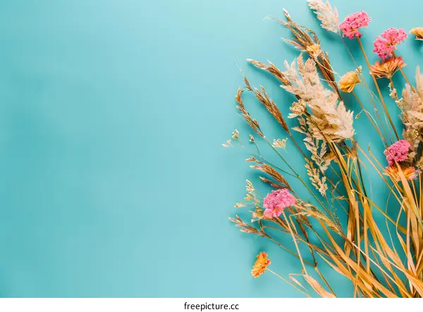 Dried Flowers and Grass on Blue Background