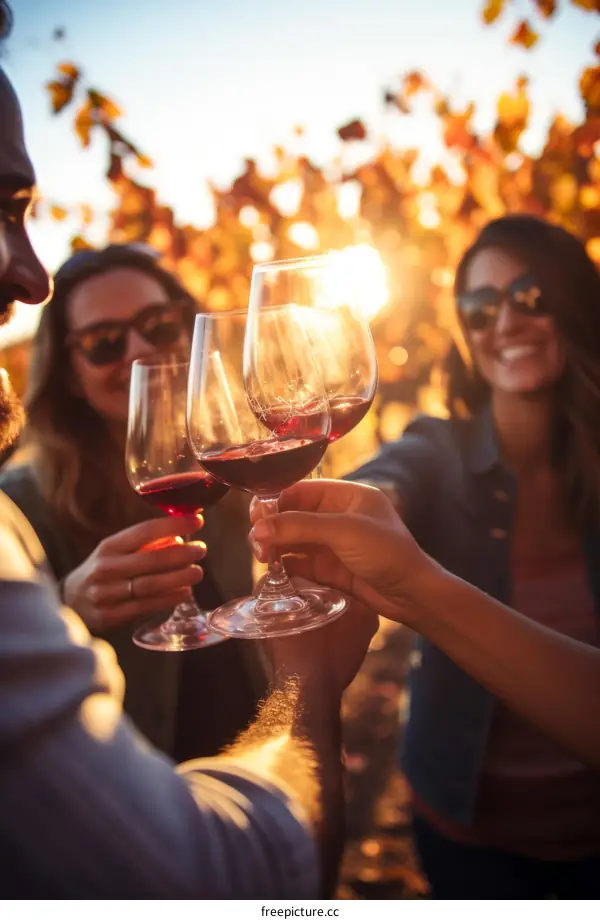 Friends toasting with red wine in vineyard during autumn