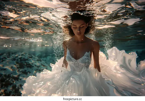 A woman in a white dress sits with her eyes closed underwater.