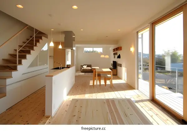 Modern Minimalist House Interior Design with Wooden Floors and Large Windows