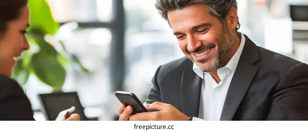 Smiling Man Looking At Phone In Office