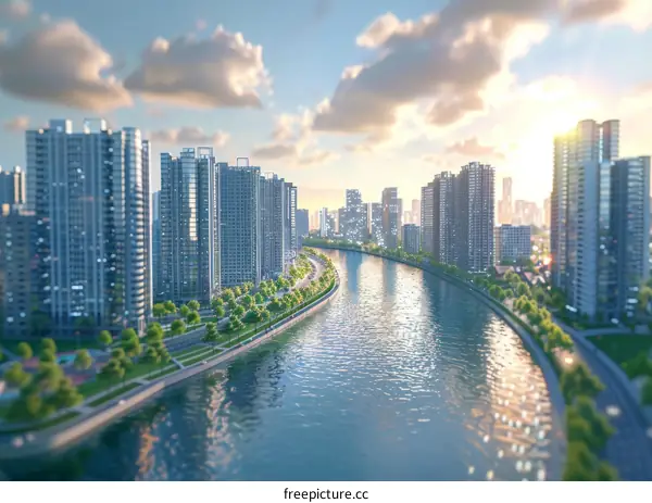 Modern City Skyline with River at Sunset