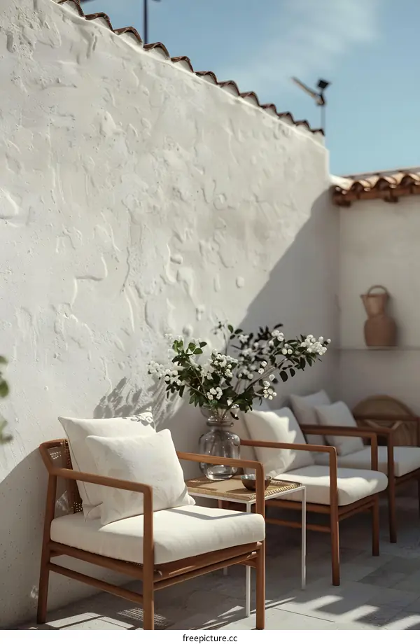 Minimalist Patio With White Chairs and Flowers
