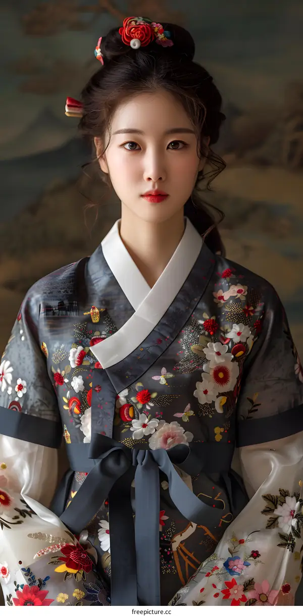 Portrait of a young woman in traditional Korean dress, or Hanbok