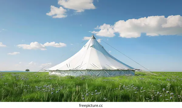 Large white tent in a green grassy field under a blue sky with white clouds