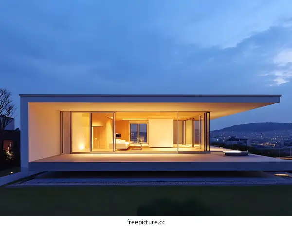 Modern Minimalist House With Glass Walls at Dusk