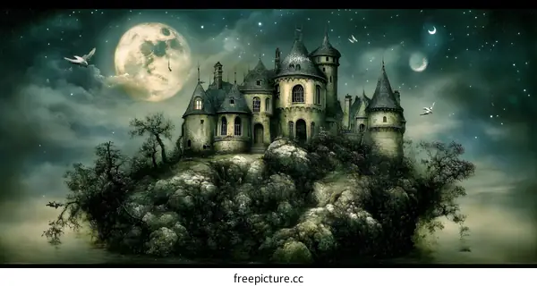 Fantasy Castle With Moon And Stars In Night Sky