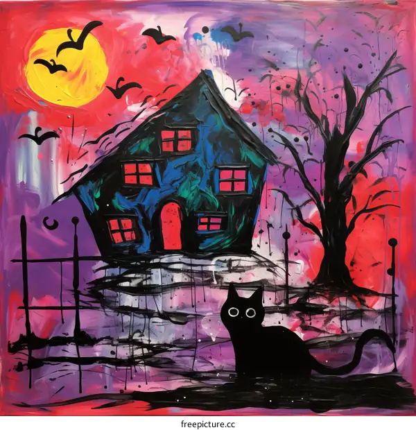 A spooky house with a black cat