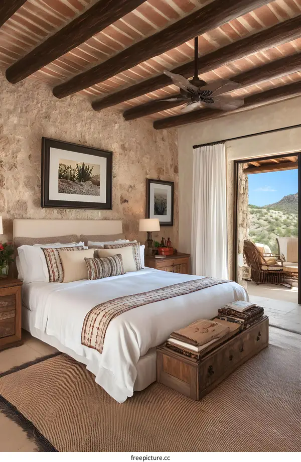Rustic Bedroom Interior Design With Exposed Beams And Stone Walls