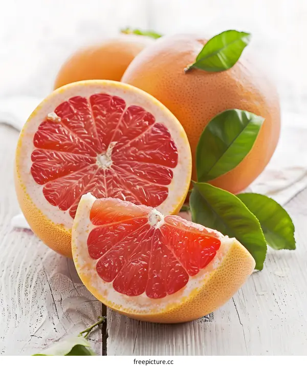 Fresh Juicy Grapefruit Slices on Wooden Background