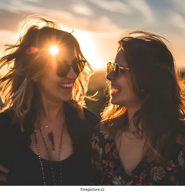 Two Smiling Women With Sunglasses Looking At Each Other In Sunset