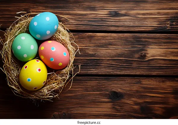 Colorful Easter Eggs in a Nest on Wooden Background