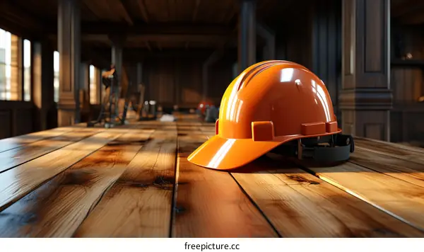 An orange hard hat sits on a wooden table in an empty room with wooden walls and large windows.