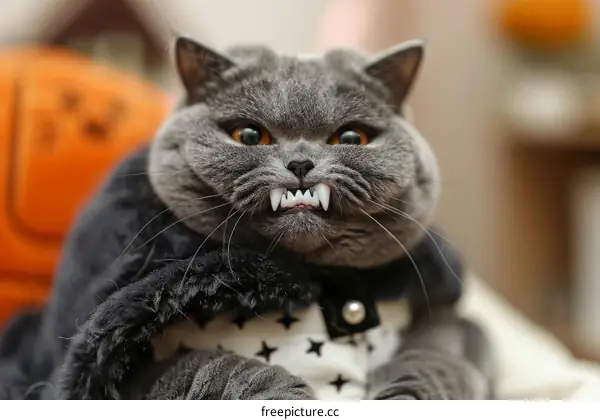 British Shorthair Cat Dressed as a Vampire for Halloween
