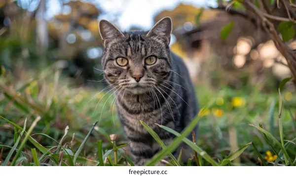 A cat is walking in the grass and looking at the camera