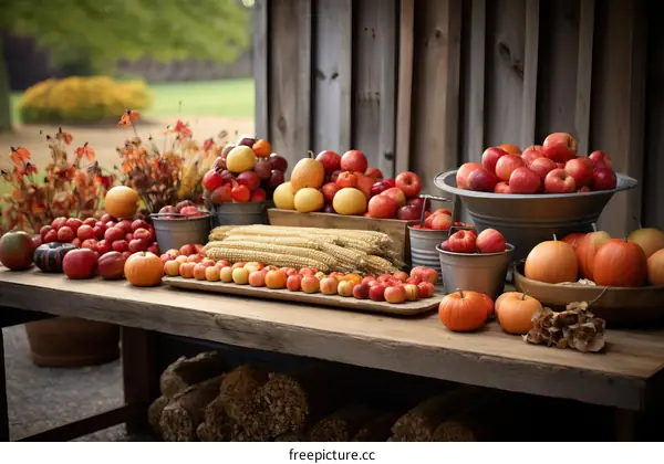 A wooden table full of various types of pumpkins and apples