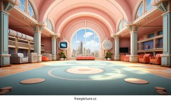 Retro-futuristic Interior of an Apartment with a Large Window