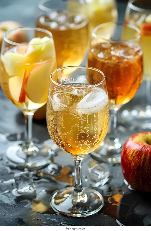 Sparkling Apple Cider with Ice and Slices of Apple in Wine Glasses