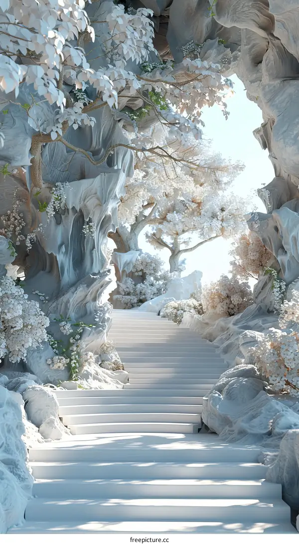 Elegant White Stairway Through a Winter Wonderland