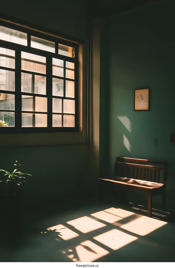 Sun Rays Shining Through Window in Empty Room with Bench