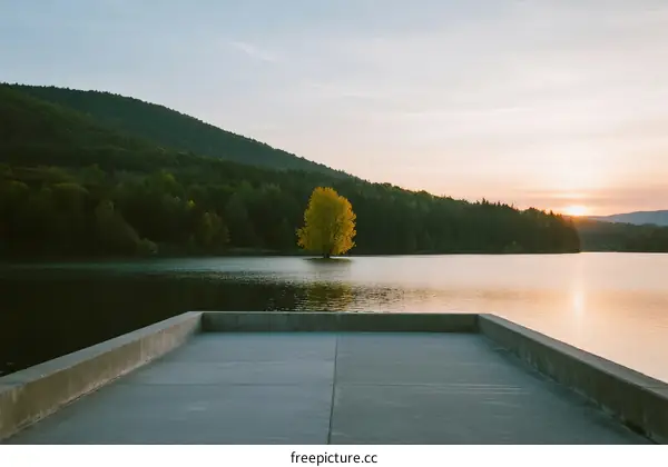 Serene lake at sunset with a single tree in the middle