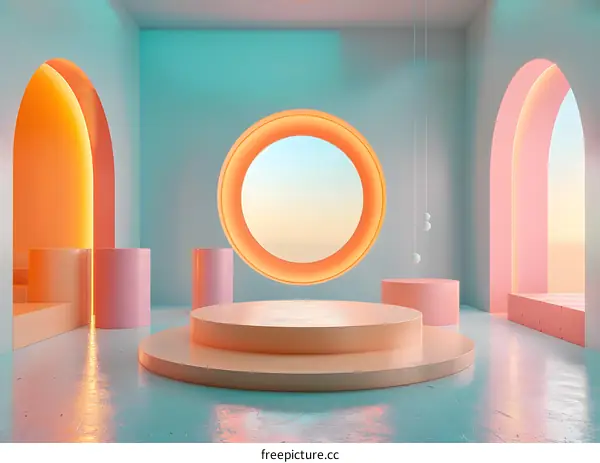 3D rendering of a room with geometric shapes and soft colors