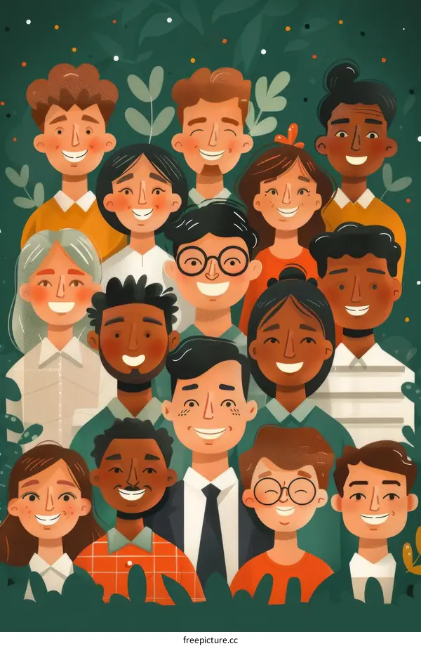 A diverse group of people of different ethnicities are smiling happily.