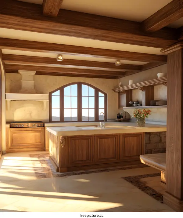 Rustic Kitchen Interior Design With Wooden Beams and Stone Wall