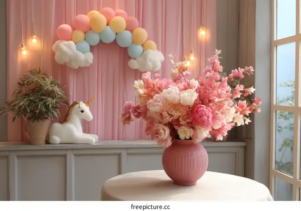 Charming Pink Party Decor with Balloons and Flowers