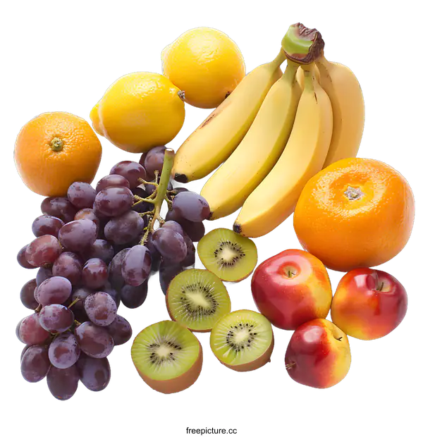 [Transparent Background PNG]Fresh Fruit Arrangement With Grapes, Kiwi, Bananas, Oranges and Apples