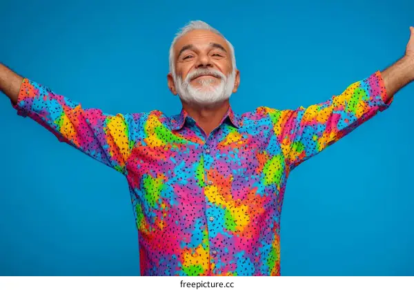 Happy Senior Man in Colorful Shirt against Blue Background