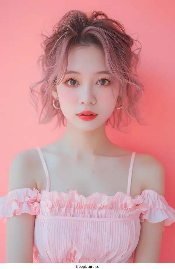 Portrait of a Young Woman with Pink Hair and a Pink Top