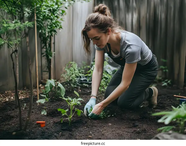 Woman in Garden Kneeling and Planting